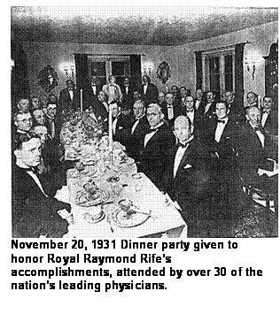Text Box:  
November 20, 1931 Dinner party given to honor Royal Raymond Rifes accomplishments, attended by over 30 of the nations leading physicians.  

